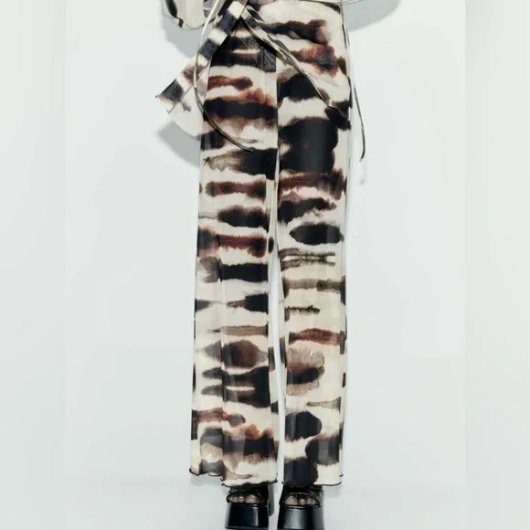 Zara High Waisted Tie Dye Tulle Print Mesh Straight Leg Pants Sz L - Picture 8 of 10